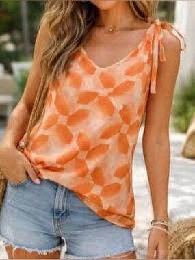 Chic Orange Geometric Chiffon Tie-Shoulder Blouse | Large | Flowy Boho Style